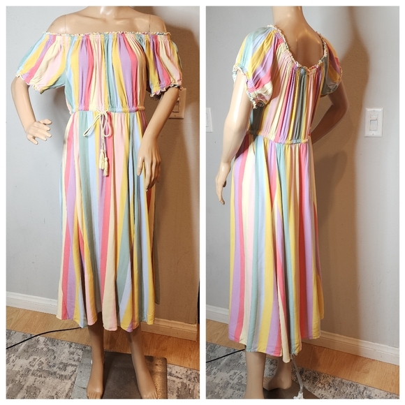 Torrid Midi Challis Off-Shoulder Dress Rainbow Stripe Stretch Size 0 Lrg pockets - Picture 9 of 16